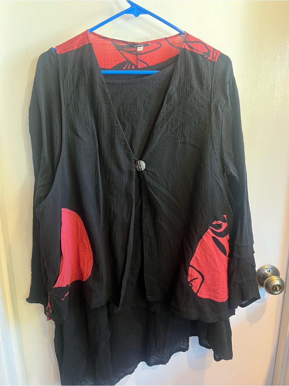 Plus Size, Japanese themed, Black tunic w/contrasting vest; Layered Button-Front